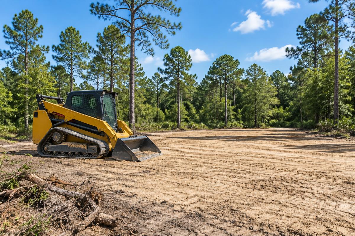 Compact track loader on a cleared North Florida property