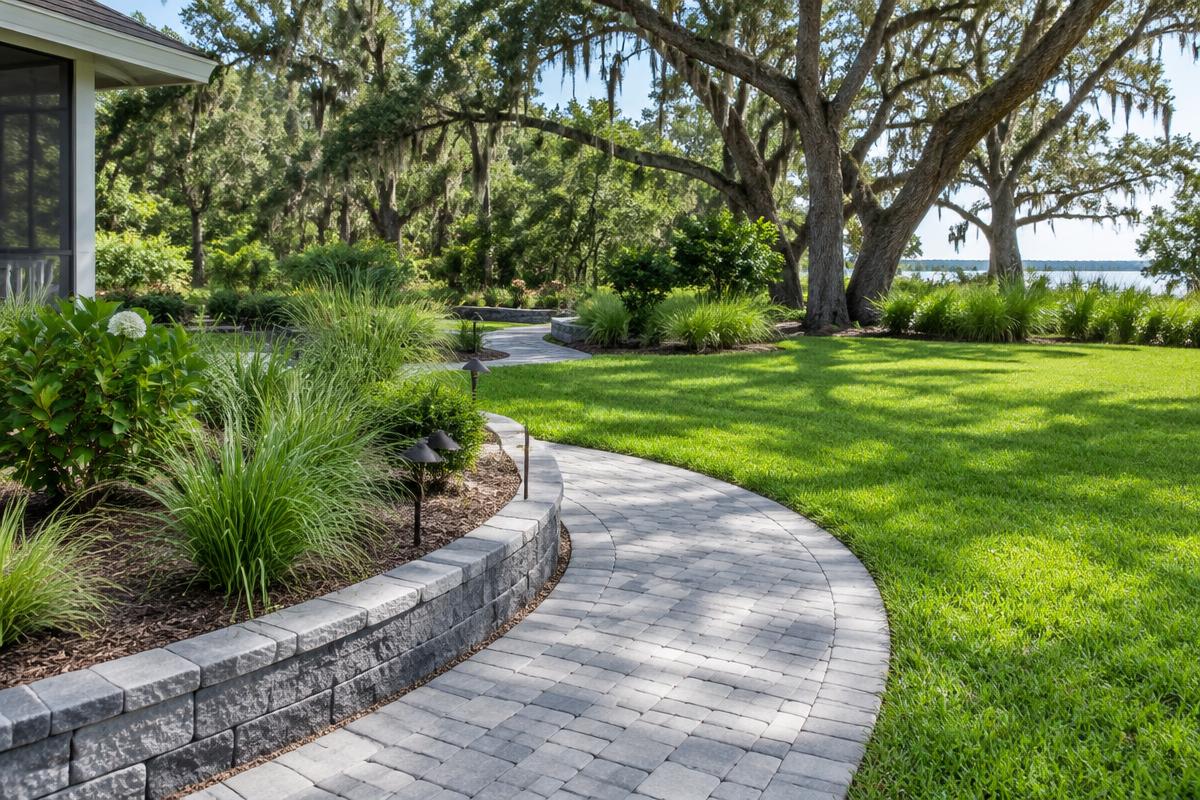 Stone paver walkway with landscaped beds and green lawn